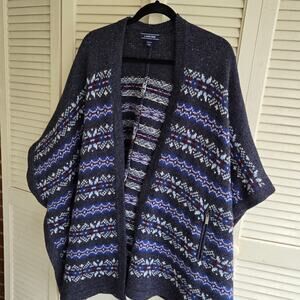 Land's End Open Front Cape Sweater Wool Blend Zip Pockets One Size XL-4X  Blue
